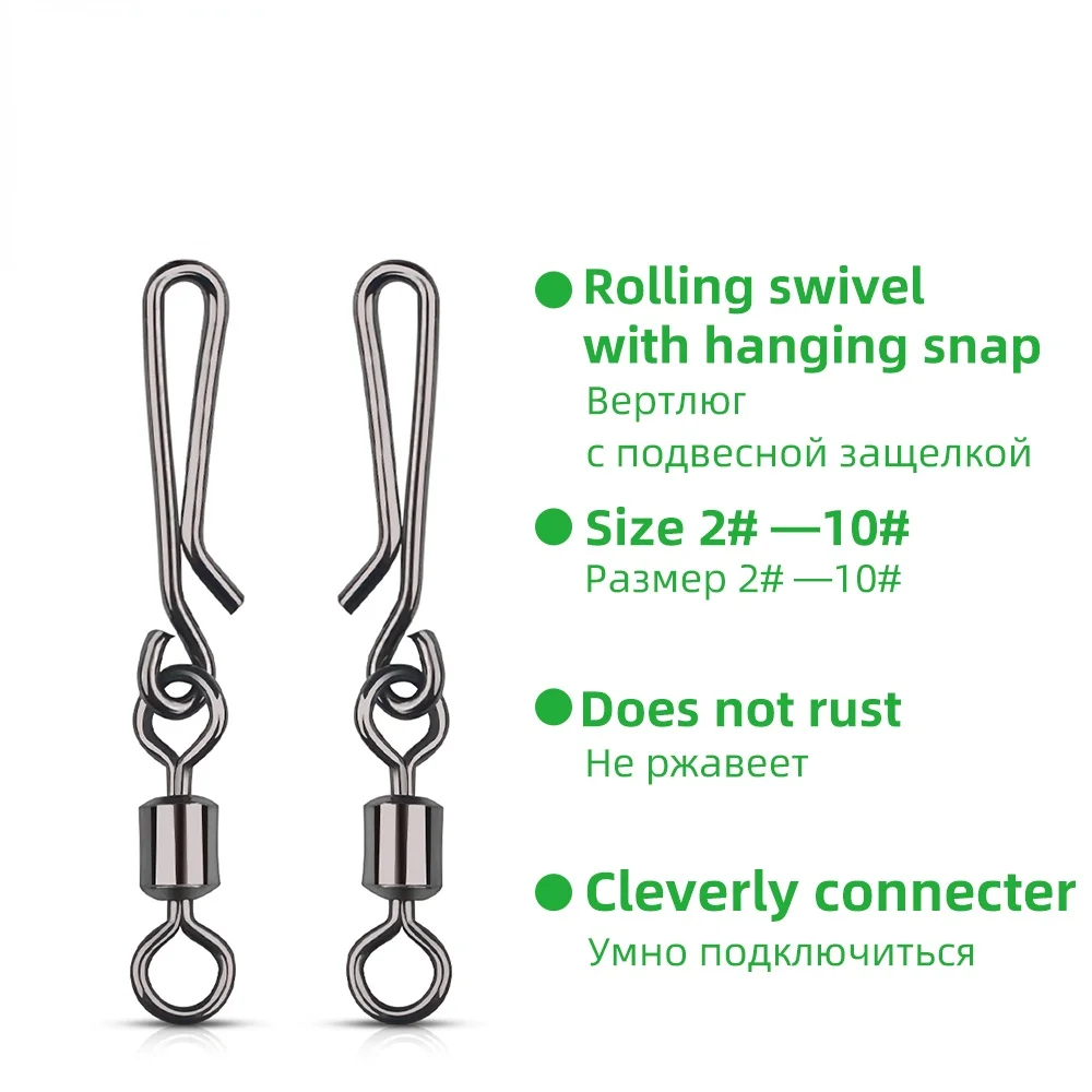 TIANNSII 10/30/50pcs Fishing Connector Pin Bearing Rolling Swivel Stainless Steel with Snap Fishhook Lure Tackle Accessorie