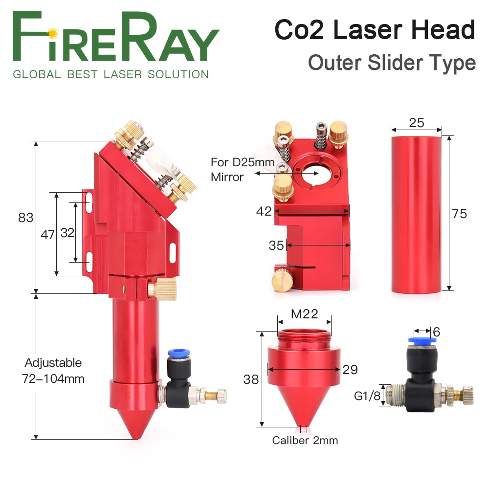 FireRay CO2 Laser Head for Dia.20mm FL 50.8/63.5mm Lens D25mm Mirror Outer Slider Type with Air Nozzle