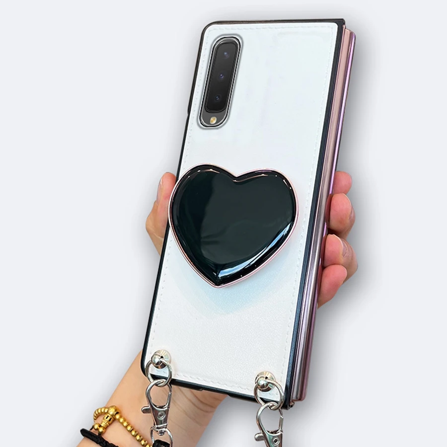 DIY Fashion Cute Black Love Stand Holder Crossbody Lanyard Strap PU Leather Case Cover For Samsung Galaxy Z FOLD 6 5 4 3 2 5G