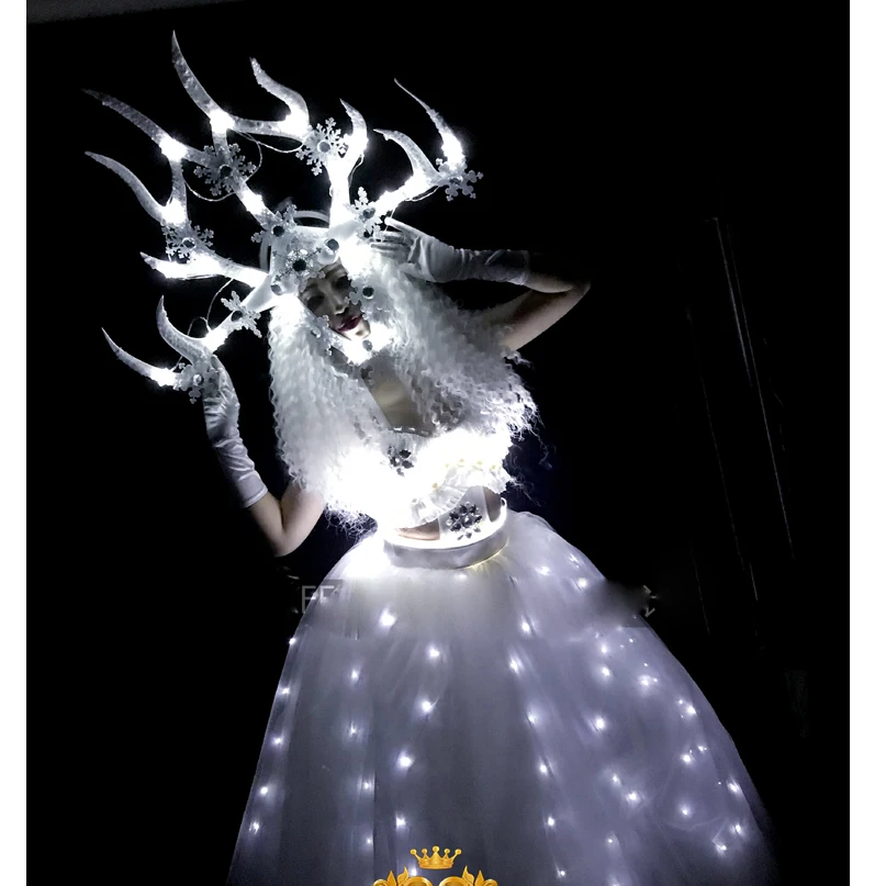 Nightclub DS white LED headgear costumes White Antlers Queen Dance costume club party girl dance wear