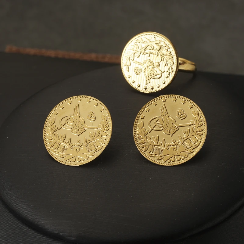 Vintage Push Back Stud Earrings Turkish Totem Round Earring and Ring Sets Gold Plated Muslim Custom Jewelry for Bridal