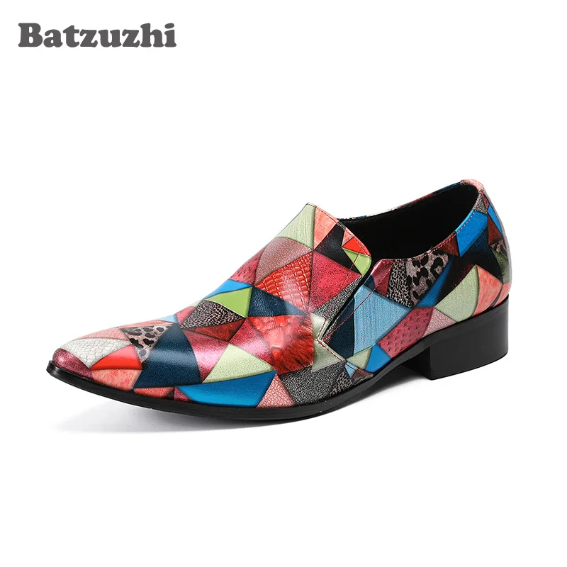 

Batzuzhi Puck Genuine Leather Mens Dress Shoes Mixed Colors Business Shoes Men Oxfords Flats for Party and Wedding Personality