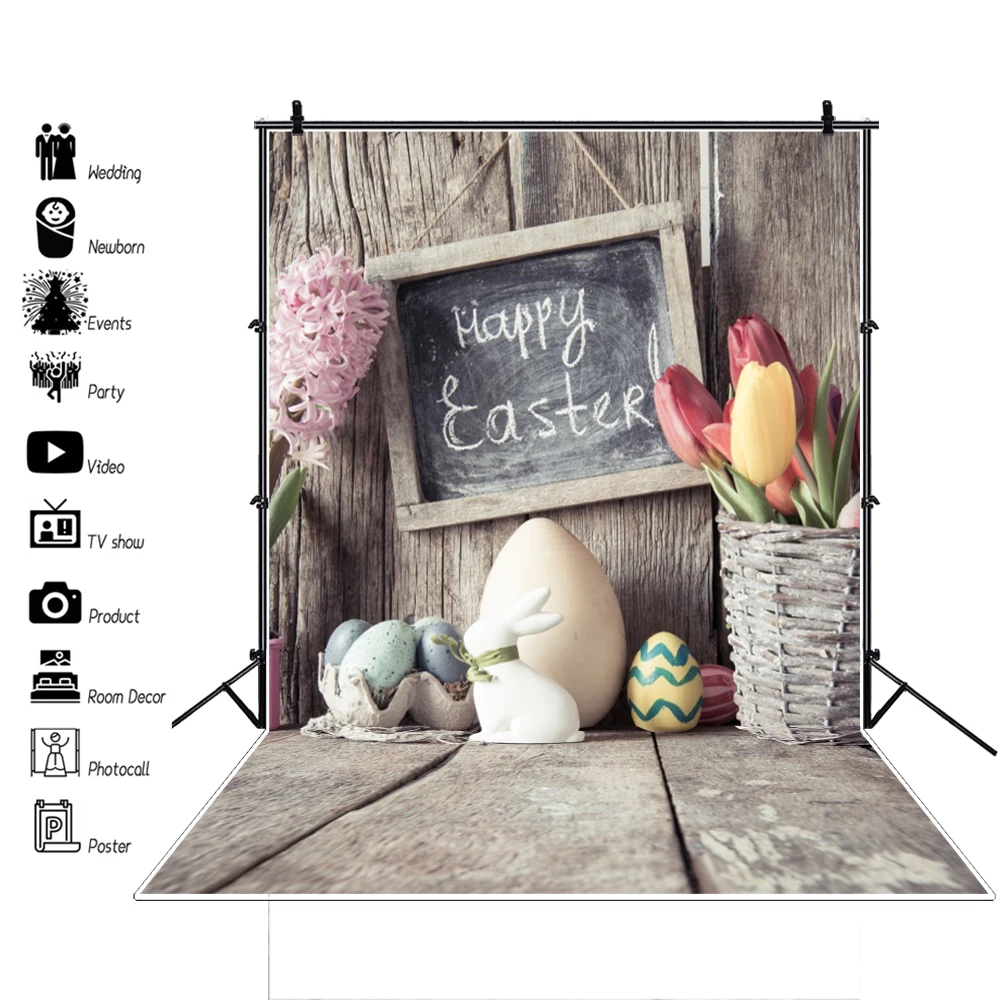 Laeacco Gray Photo Backdrops Happy Easter Day Eggs Basket Flowers Rabbit Wooden Board Photo Backgrounds Photocall Photo Studio