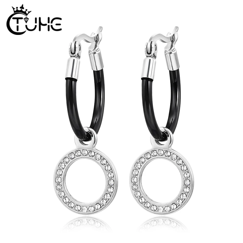 Classic Black White Ceramic Shiny Cubic Zircon Heart Round Cross Drop Earrings For Women Jewelry Wedding Engagement Earring Gift