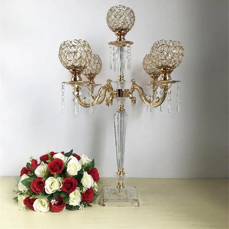 

5 Arms Acrylic Candelabras Metal Candle Holders With Crystal Pendants Marriage Candlestick Wedding Table Centerpieces Home Decor