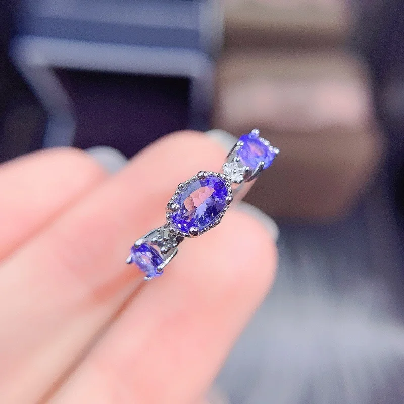 Fashion Tanzanite Silver Ring Natural VS Tanzanite Ring for Girl Solid 925 Silver Tanzanite Engagement Ring for Lady