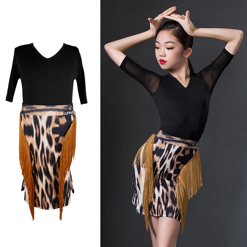 

Latin Dance Outfit Girls Tops Leopard Fringed Skirt Prom ChaCha Tango Performance Clothes Rumba Dancing Costume Suit DC4794