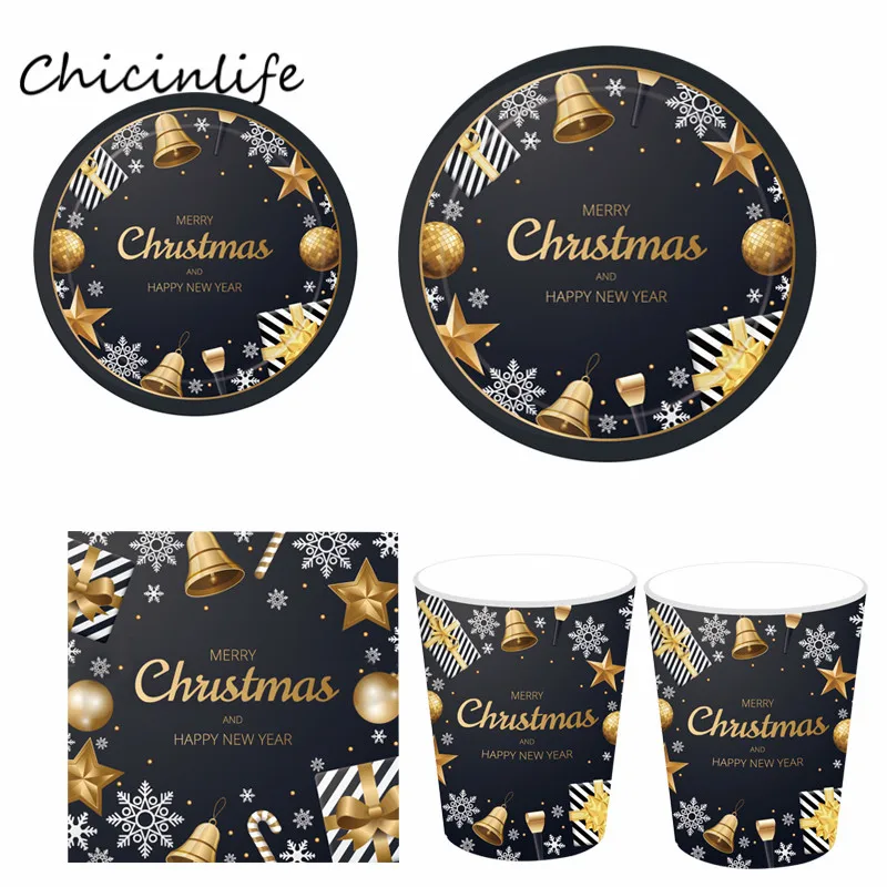 Chicinlife black gold snowflake Merry Christmas and new year Disposable Tableware Plates Napkins Cup Christmas Party Decoration