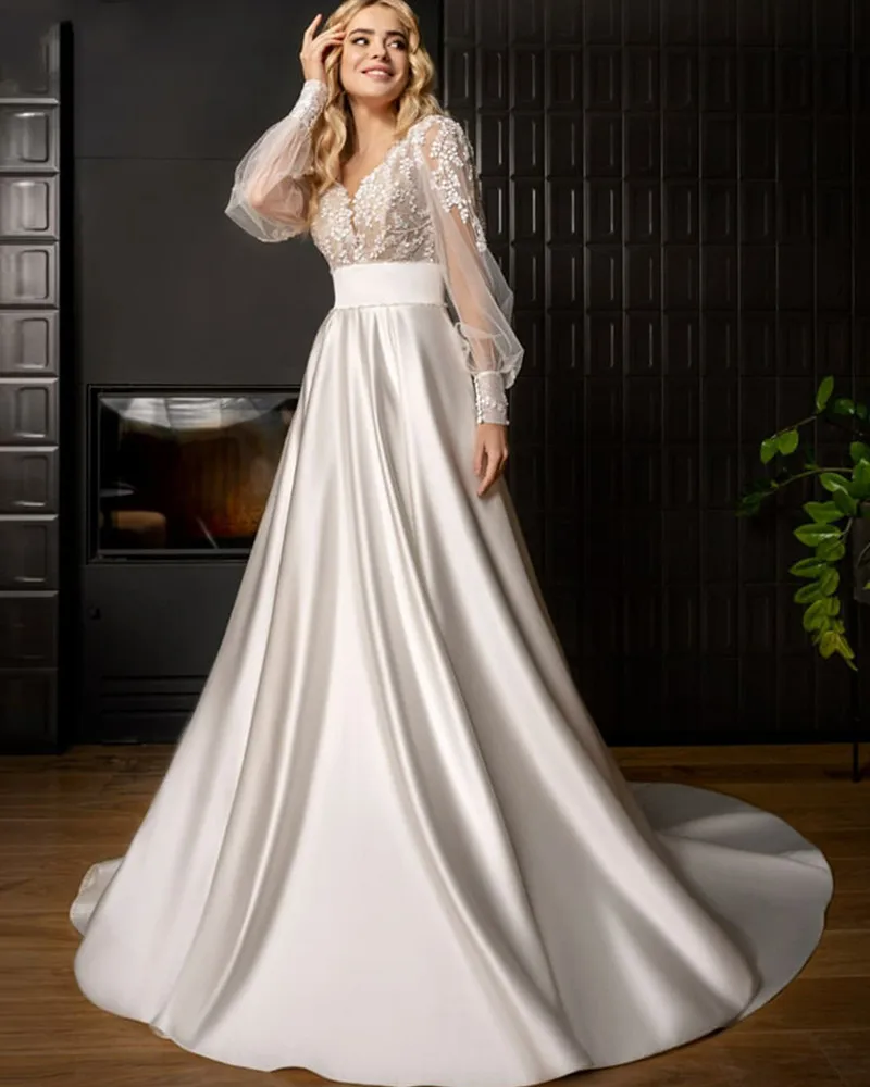 Robe de Mariée en Satin Élégante, Col en V, Ligne A, Perles, Manches sulf, Haut en Dentelle, Dos aux, Style Boho, pour les Patients, 2024