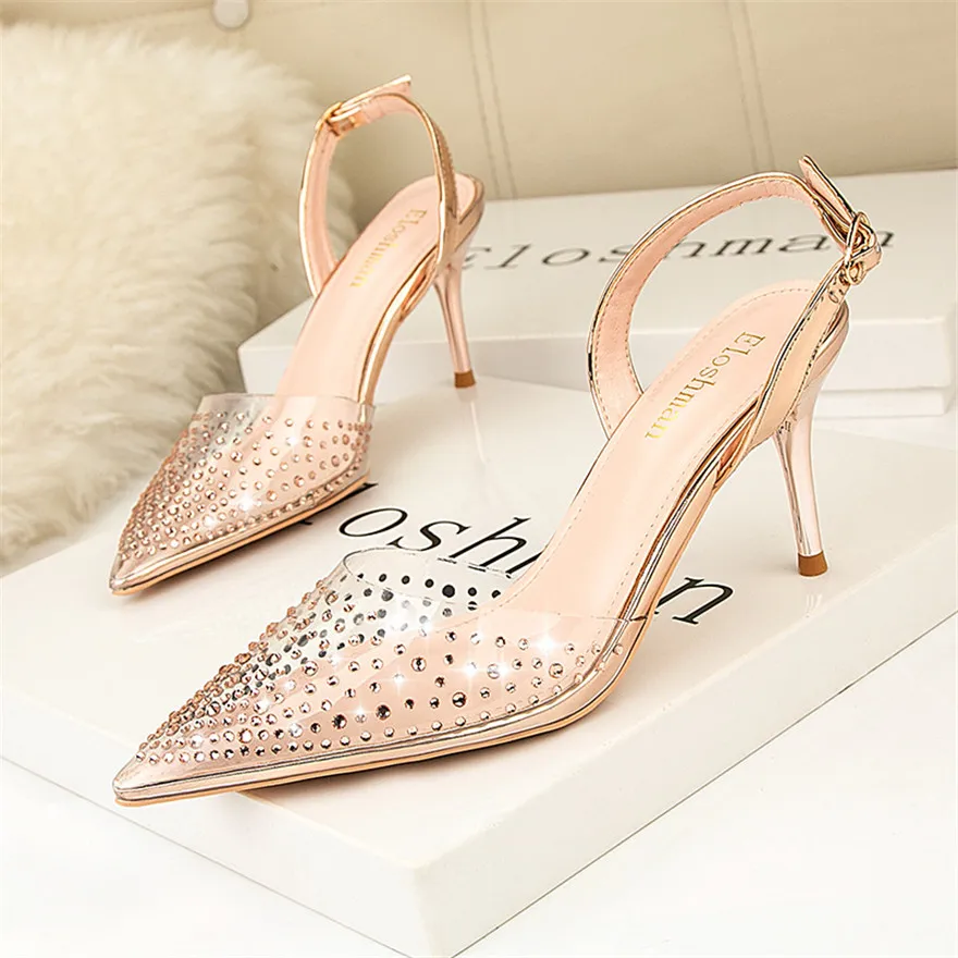 2024 transparente Strass Mode Sandalen für Frauen Rückens chnalle High Heel Schuhe spitzen Zehen Kristall flache Damen Kleid Pumps