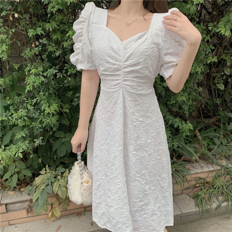 Black White Square Neck Retro Bubble Sleeve Dress Women 2021 Summer Evening Dress Lady Dinner Party Dress Autumn Bottomed Dress