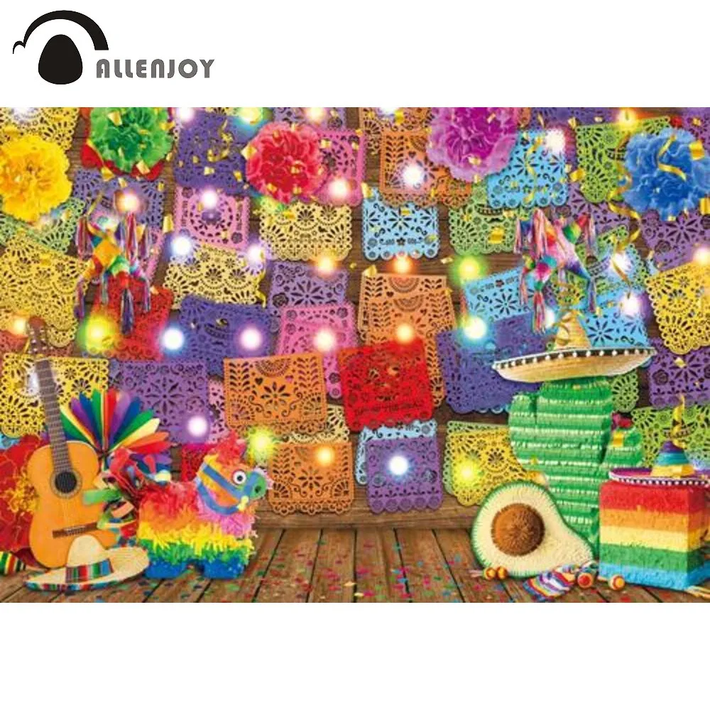 

Allenjoy Mexican Party Backgroun Fiesta Colourful Wooden Birthday Cinco De Mayo Carnival Celebrate Paper Cut Photobooth Backdrop