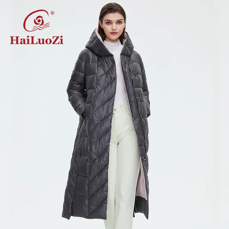 HaiLuoZi Damen-Winterjacke, modisch, lang, knielang, dick, Damenmantel mit Kapuze, schlankes Spleißen, diagonaler Gürtel, Baumwollparkas 6037