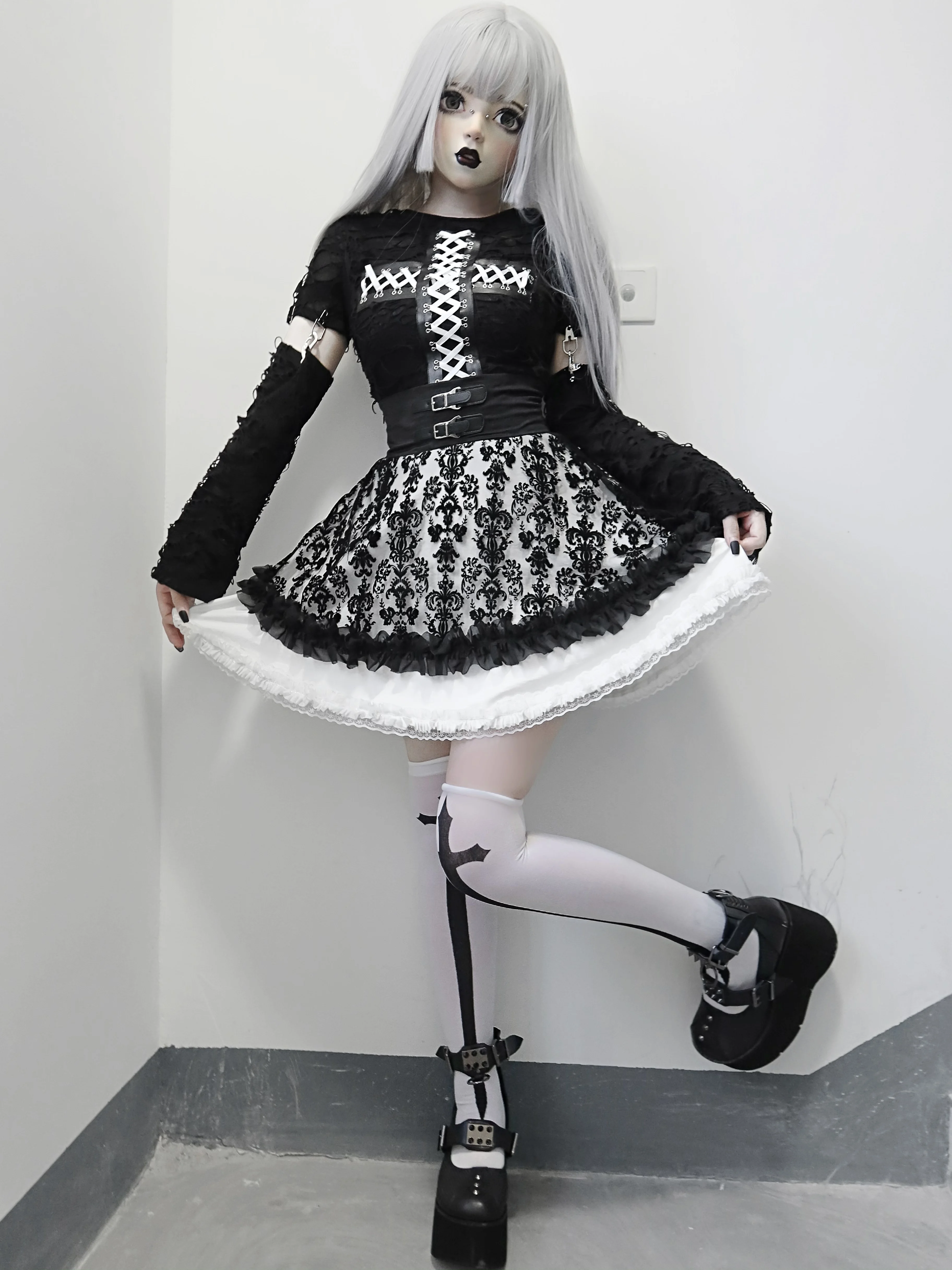 Original Design Gothic Black Cake Skirt Set Long Sleeve Hollow Out Cross Crop Top and Floral Lace Ball Gown Skirt Punk Women Set