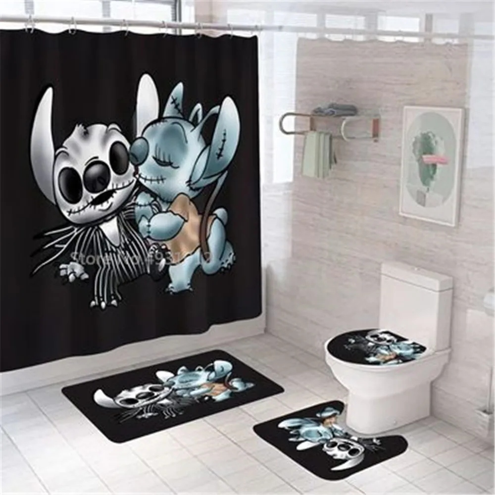 Disney 3D Lilo Stitch Bathroom Shower Curtain Waterproof Curtains in the Bathroom with Hook Set Soft Bath Mat Toilet Carpet Rugs