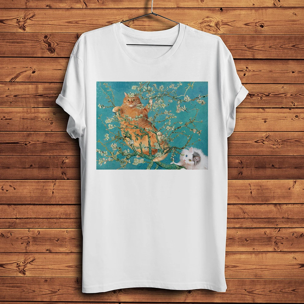 meow van Gogh Sunflowers Starry Night Edvard Munch The Scream funny cat tshirt Men Casual T Shirt Unisex Creation of Adam