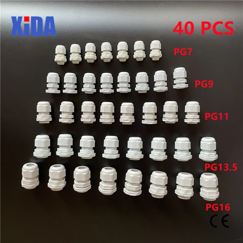 40pcs Each of 8 PG7 PG9 PG11 PG13.5 PG16 Thread Nylon Cable Gland Kit Wire Connector Waterproof Plastic Cable Gland Reducer DIY