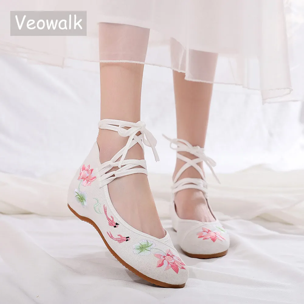 Veowalk Women Ankle Strap Cotton Fabric Ballet Flats Flowers Embroidered Ladies Casual Comfortable White Shoes Ballerinas Shoes