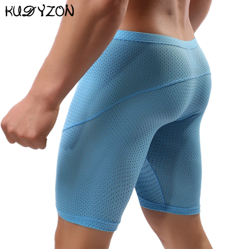 Fitness uomo lungo Boxer intimo Mesh traspirante intimo uomo Boxer pantaloncini gamba lunga bauli Sexy mutande da corsa