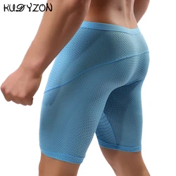 Bóxer largo de Fitness para hombre, ropa interior de malla transpirable, pantalones cortos de pierna larga, bañadores Sexy con bolsa para correr