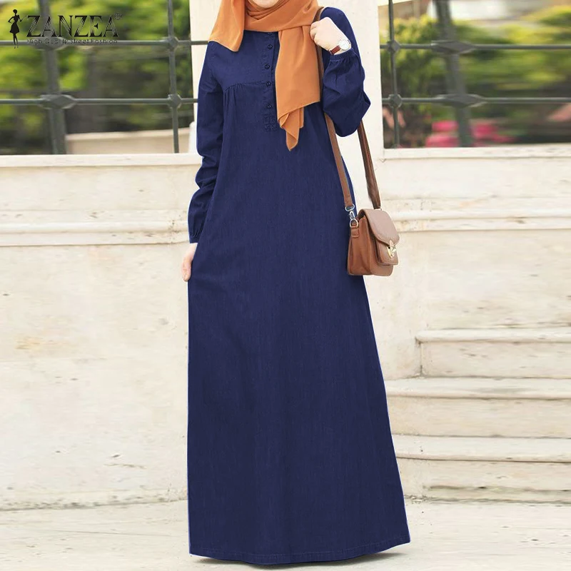 ZANZEA Women Long Sleeve Solid Maxi Sundress Vintage Autumn Denim Blue Dress Casual Buttons Kaftan Vestido Muslim Dress Robe