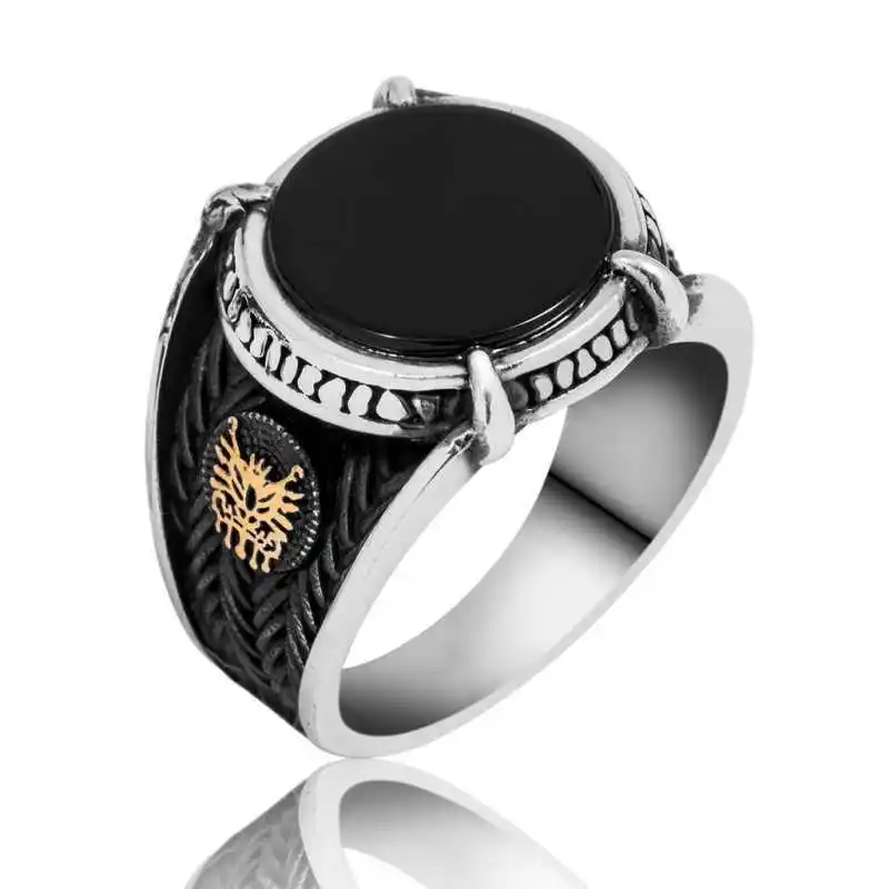 Silver Black Stone Ottoman Crest Men's Ring - 925 Sterling Men's Jewelry Wedding Birthday Gift - Box - Men - Fashion - Botiva - Size - Turkish - Patterned Embroidery