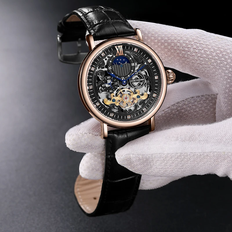 

Big Skeleton Men Watch Mechanical Thin Case Tourbillon Clock Moon Phase Function Automatic Wristwatch Relojes Hombre Swiss Brand