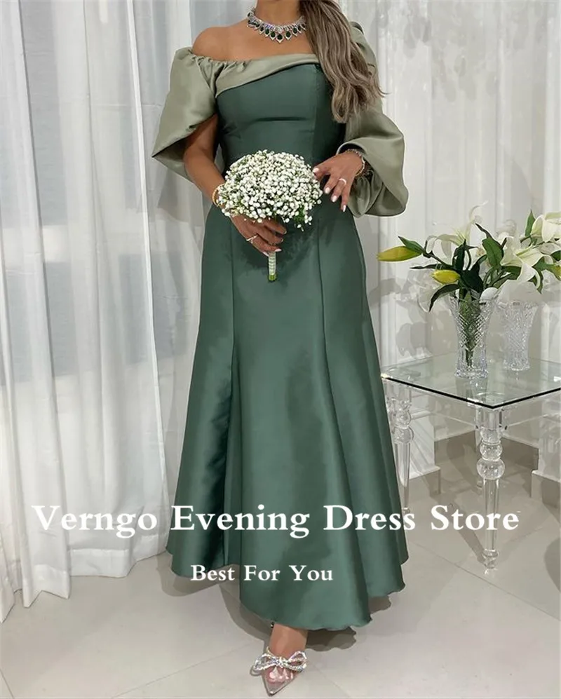 Verngo velho verde uma linha de cetim vestidos de baile puff 3/4 mangas compridas tornozelo comprimento formal festa à noite vestido para árabe saudita