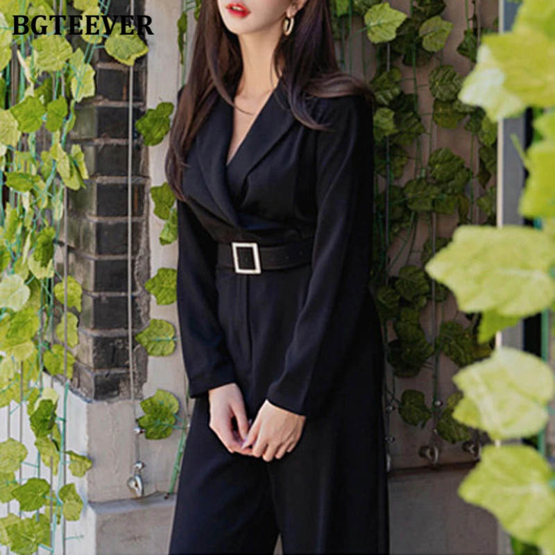 BGTEEVER Office Wear Ladies Playsuit Notched Collar V-neck Belted Slim Waist Female Jumpsuit Rompers Autumn Loose Overalls 2020