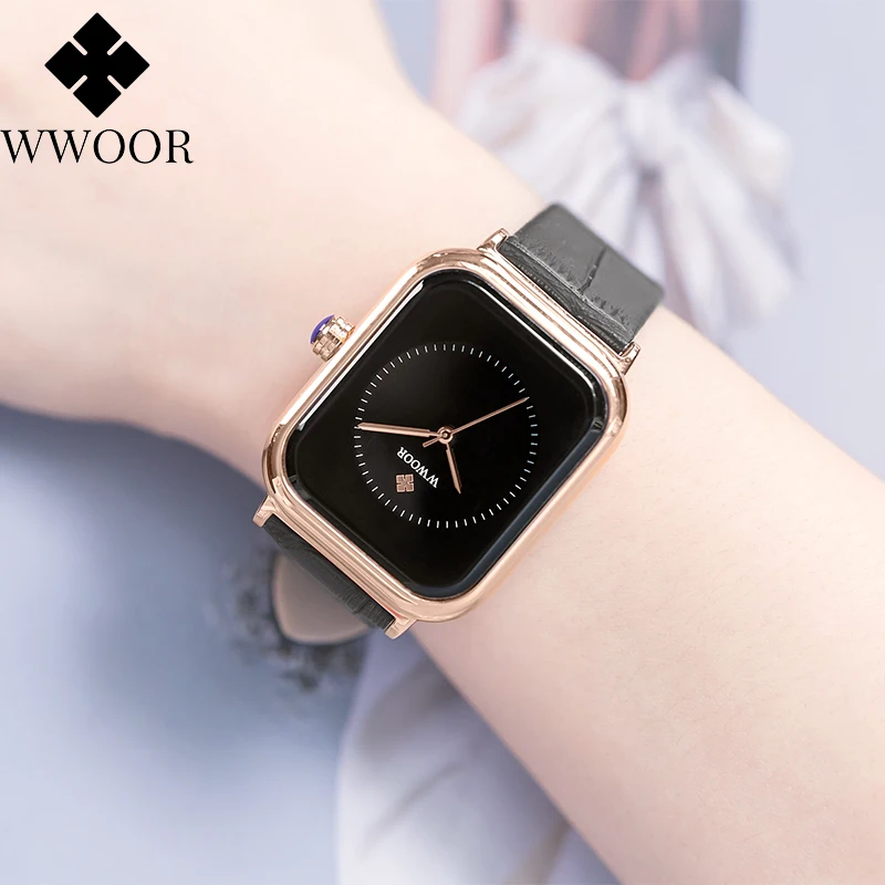 WWOOR New Elegant Women's Watches Leather Square Ladies Dress Watch For Women Luxury Fashion Waterproof Quartz Clock Reloj Mujer