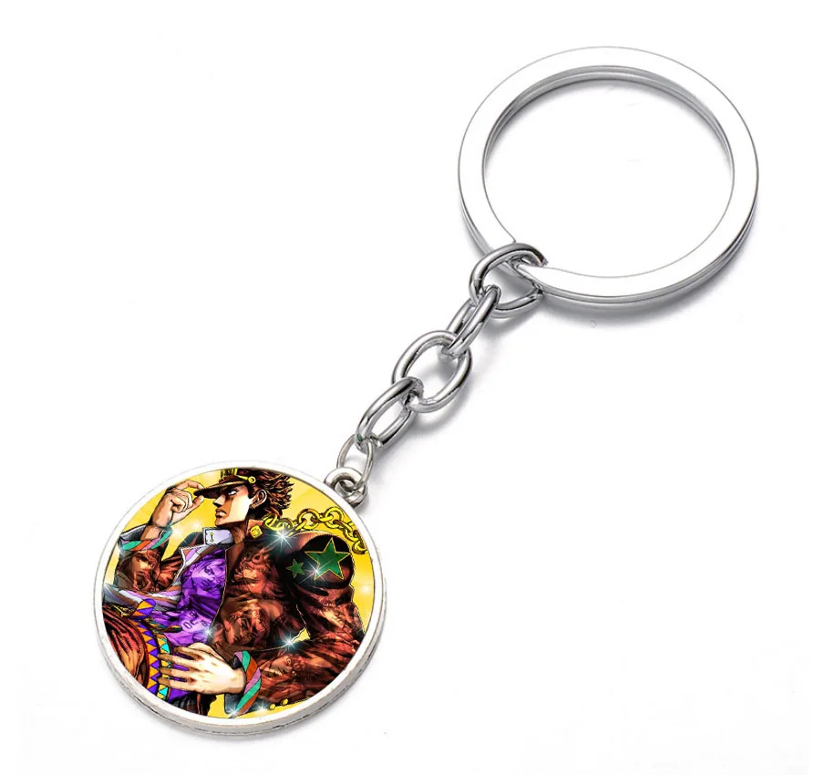 anime JoJo's Bizarre Advent KeyChain Silver Bronze Cabochon Glass Keychain Metal Pendant for Women kids Gift Girlfriend key ring