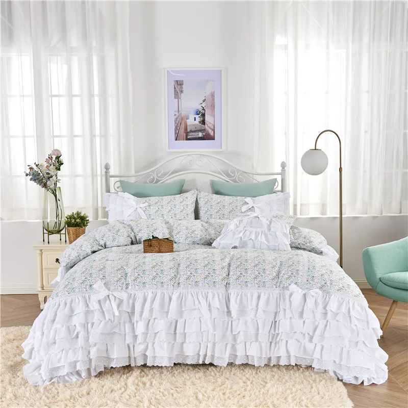 

Korean ruffles pastoral floral skirt cake layers bedding set princess lace pure cotton embroidery pillow sham duvet cover set