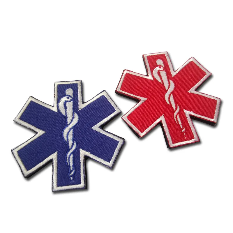 Blue Star of Life Logo Emergency Medical Ambulance Badge Embroidered Hook&Loop Patch Red Color Customized Logo Military Stickers