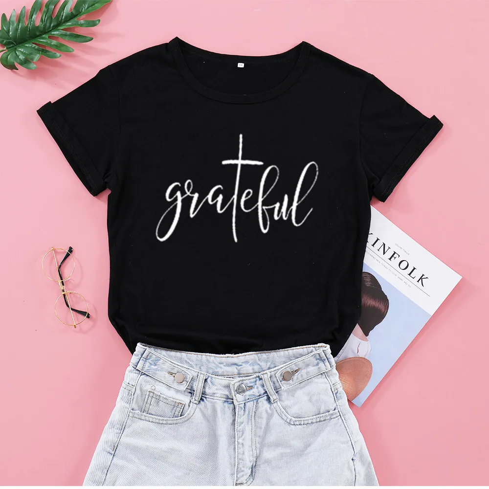 Grateful Christian 100% Cotton Letter Female Clothing Harajuku Jesus Fashion Graphic Women Tshirt  O Neck Short Sleeve Top Tees