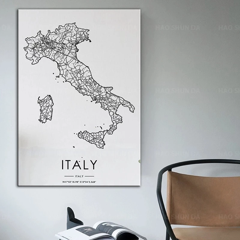 Italy Country Map Road Print Nordic Living Room Decoration Black White Canvas Poster Modern Home Decor Art Wall Painting