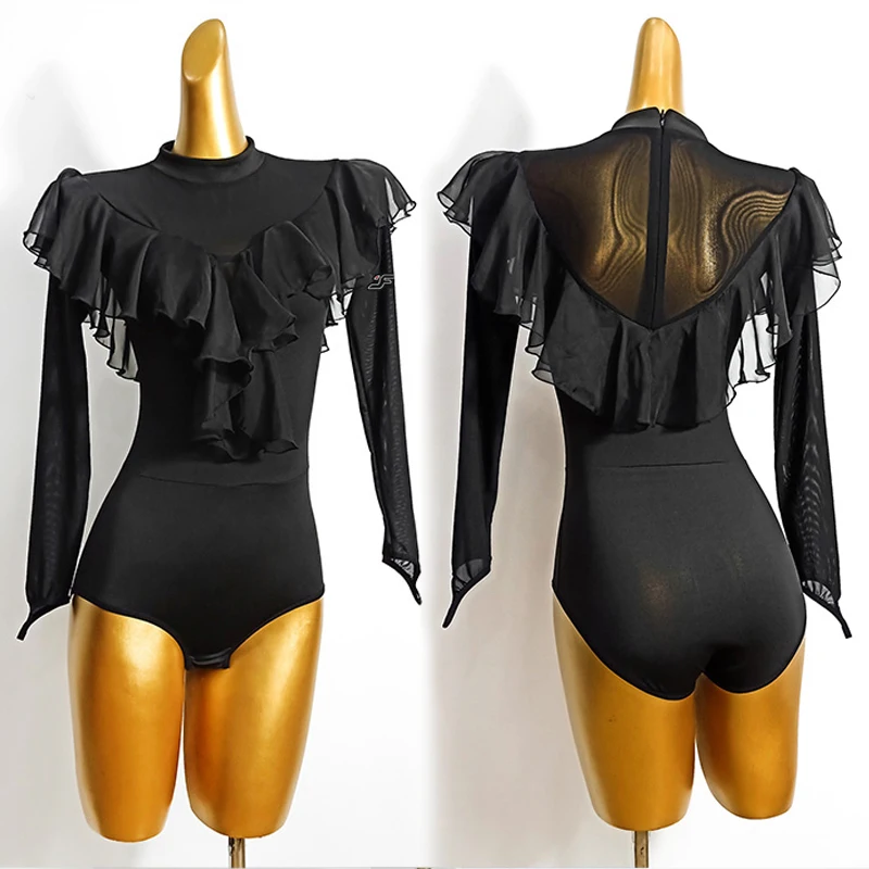 Latin Dance Tops Women Long Sleeved Leotard Samba Ballroom Cha Cha Performing Shirts Latin Dance Practice Wear Black Tops DB2299