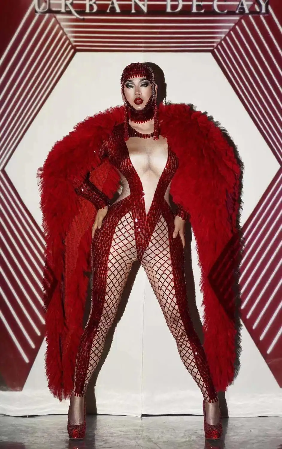 สีแดงเต้นรําjumpsuitนักร้องเซ็กซี่เวทีเครื่องแต่งกายเสื้อพรรคสาวสวมใส่ดีเจไนท์คลับชุด