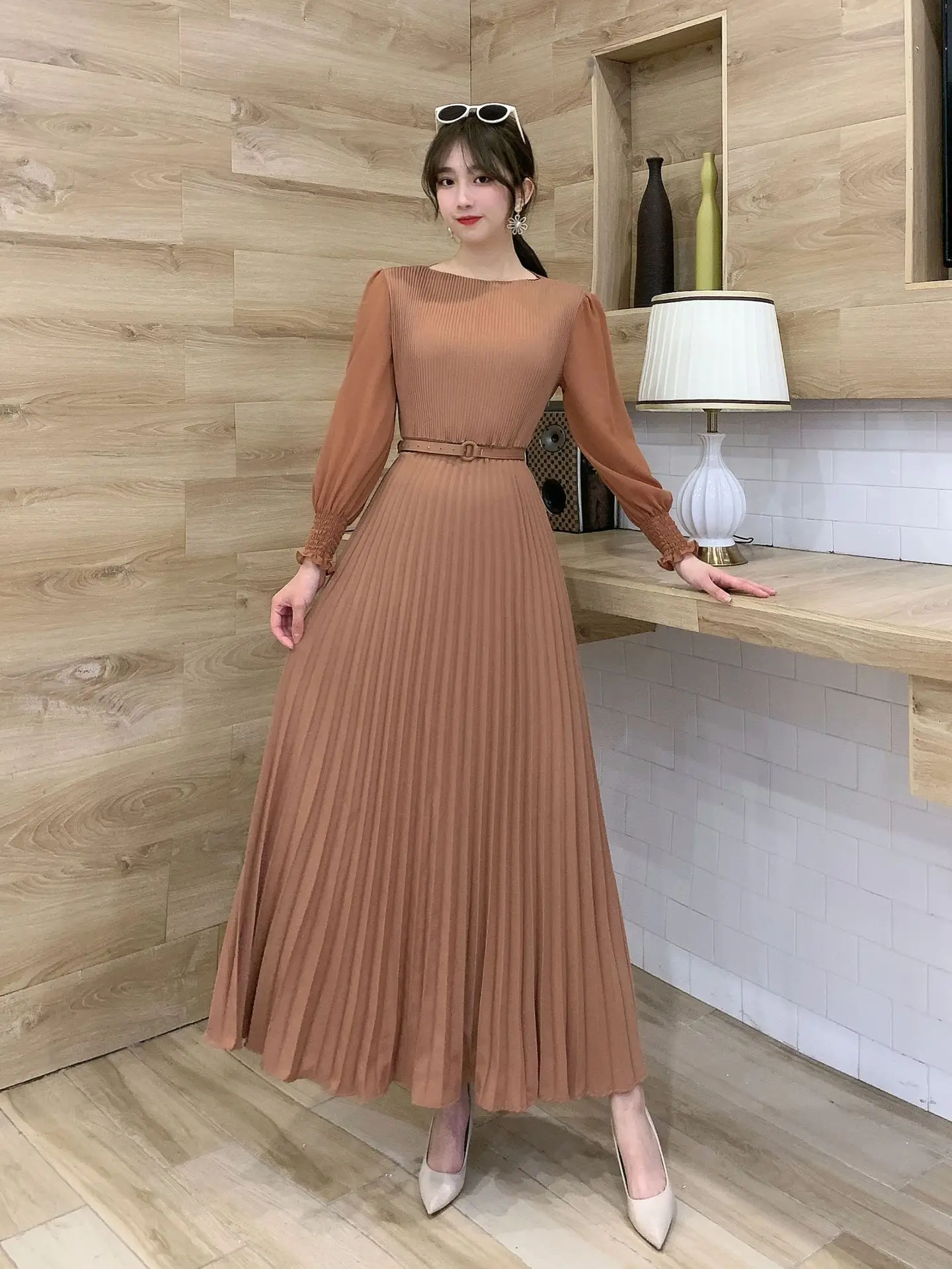 2022 Spring Elegant Women Pleated Party Dress with Belt Slim Waist Full Long Dress Bodycon Pleated Maxi Dress Wedding Vestidos