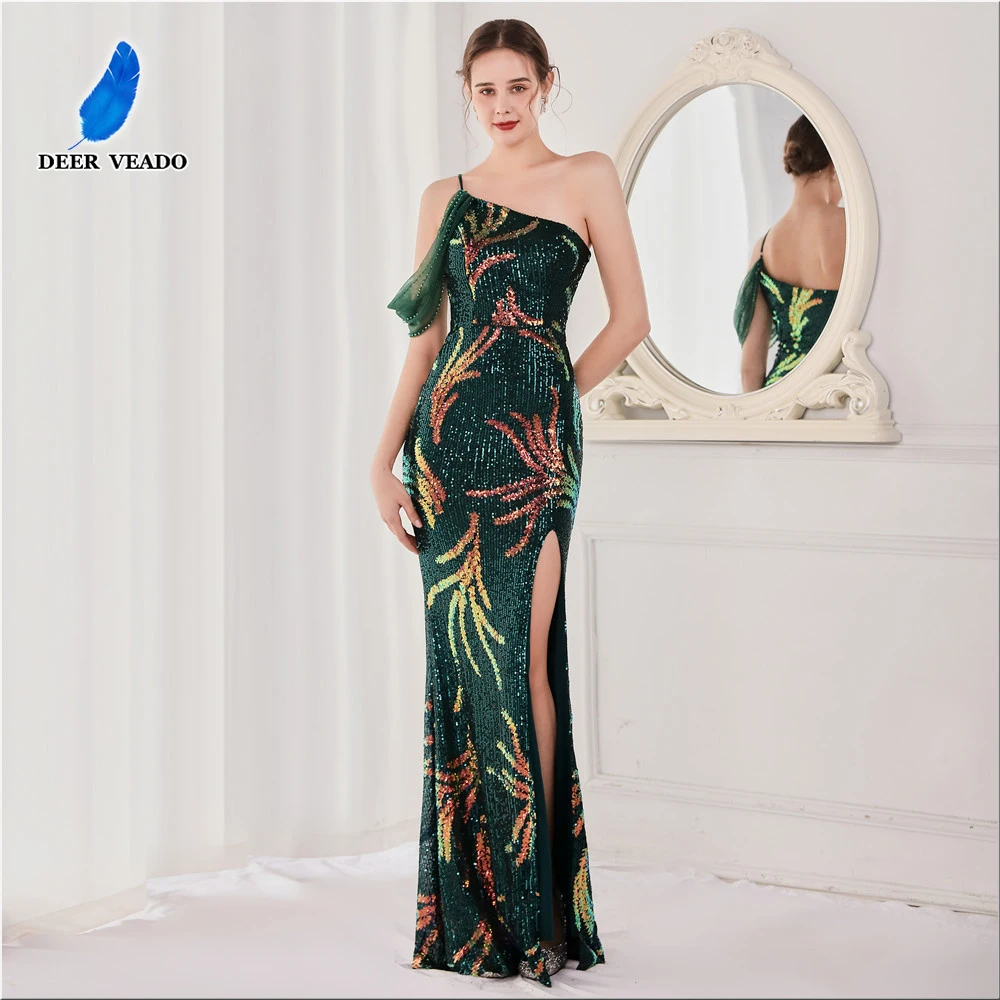 DEERVEADO Schulter frauen Meerjungfrau Pailletten Kleid Abendkleider 2022 Neue Emerald Green Party Kleid Maxi Kleid K18637