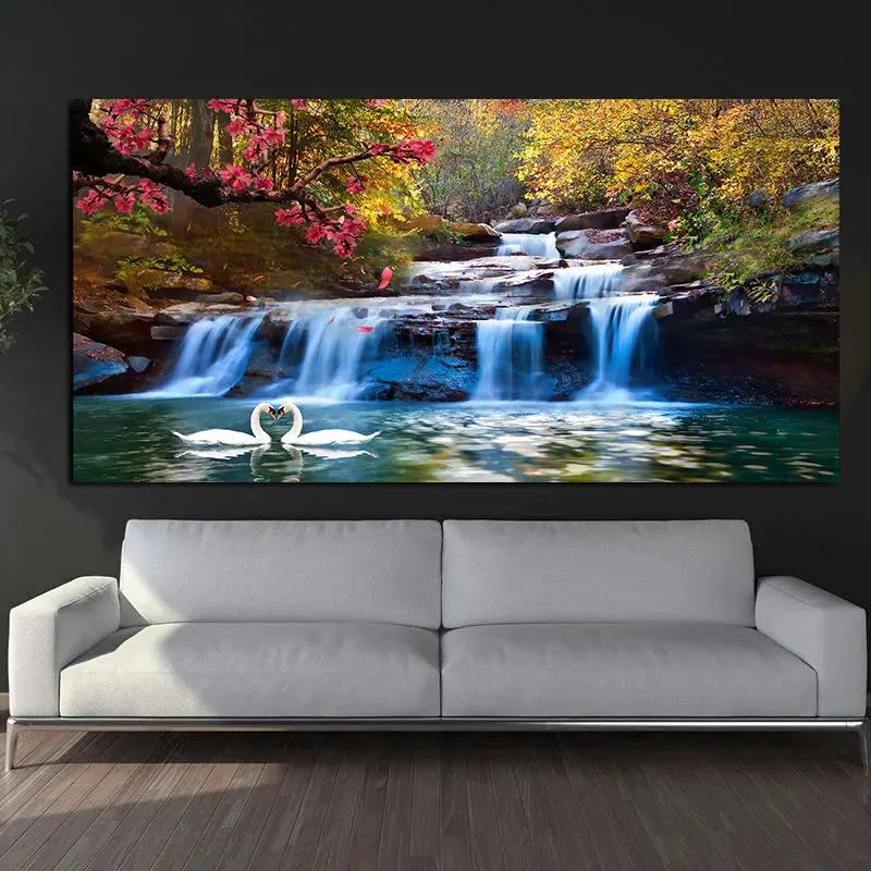 Waterfall Woods Swan Canvas Painting Home Decoration Posters and Prints Wall Art For Living Room Bedroom Artwork Decor