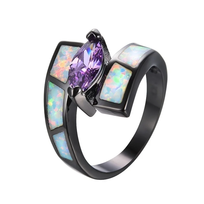 Vintage Blue Imitation Fire Opal Rhinestones Black Ring For Women Accessories Jewelry Wedding Party Charm Statement Gift
