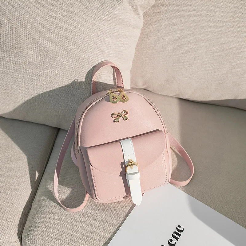 Ladies New Fashion Metal Bowknot Decorated Zipper PU Compact Backpack Go Out Portable Change Mobile Wallet Storage