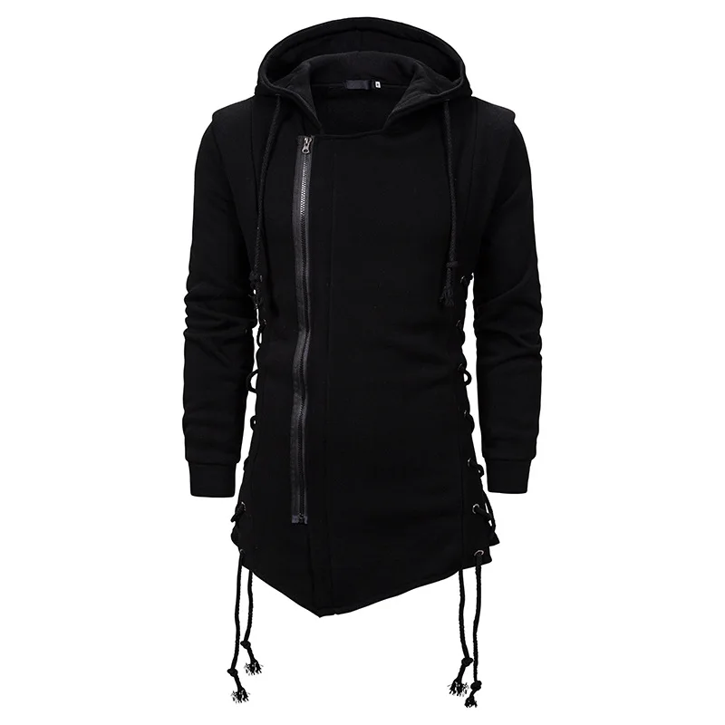 Sweatercoat Dark Tie Hooded Loose Coat Zipper Hoodies with Side Lashing Crossed Black Hoodies Men Dropshipping
