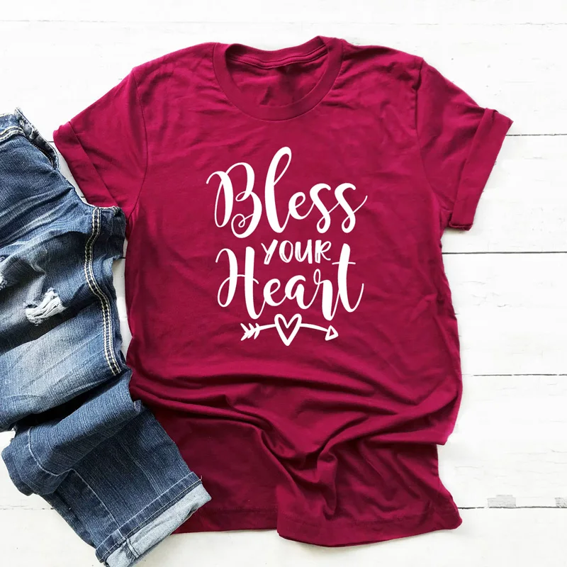 Bless Your Heart Arrow Print T-shirt Vintage Women Graphic Slogan Tshirt Unisex High Quality O-Neck Catholic Christian Tees Tops