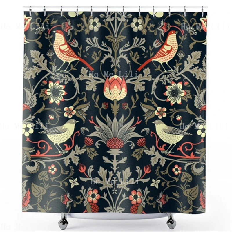 William Morris Art Ornamental Shower Curtain Strawberry Thief Vintage Pattern Botanical Birds Floral Nouveau Bathroom Decor