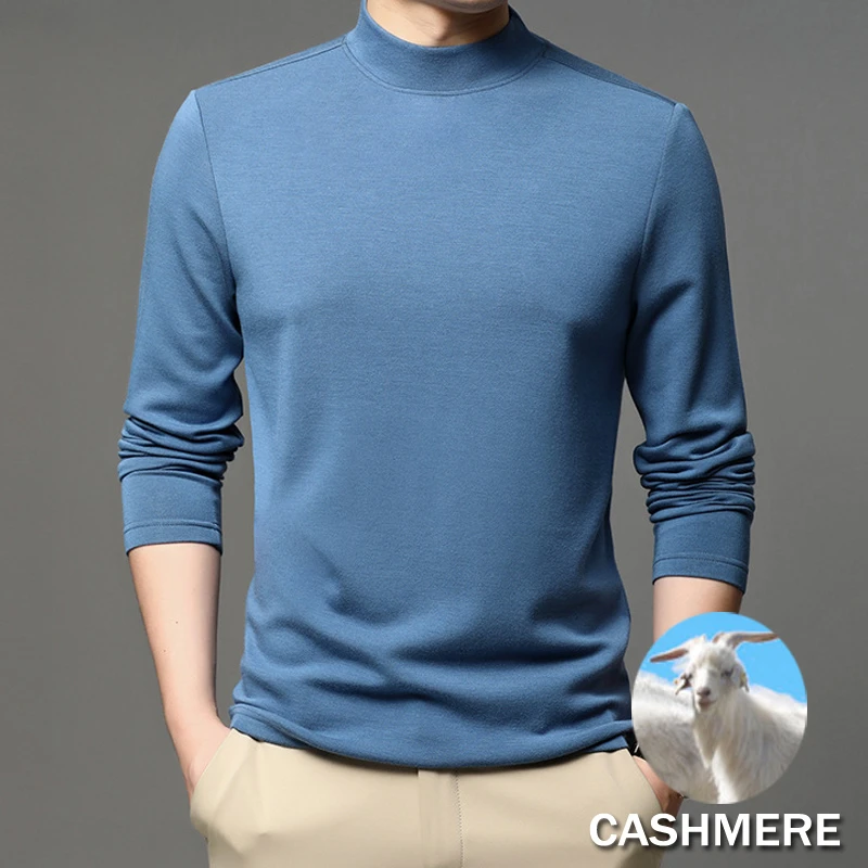 

Brand Ultra-Soft Cashmere T Shirt Men Long-sleeve Solid Color Slim Fit Lightweight Basic Pullover Top Turtleneck T-Shirt Male