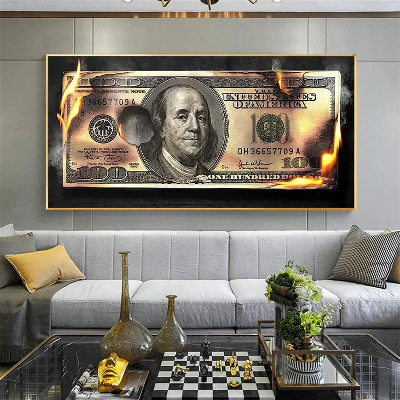 One Piece HD Burning Dollars Canvas Painting Large Size Dollar Banknotes Posters and Prints Wall Picture Living Room Decoration