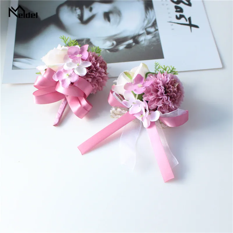 Meldel Trắng Tím Cưới Vòng Tay Cho Phù Dâu Cưới Xòe Chân Hoa Hoa Hồng Lụa Chú Rể Boutonniere Corsages Cưới