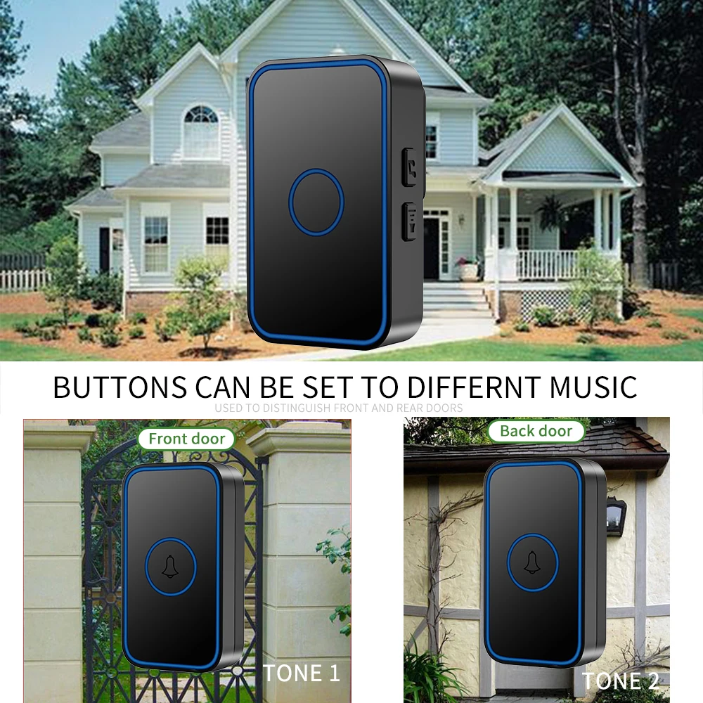 WEMEDA Smart Home Wireless Doorbell Waterproof 60 Chimes 0-110dB Cordless Door Ring Bell US EU UK Plug 2 Button 4 Receiver