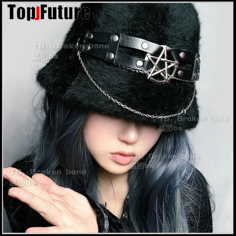 Harajuku Gothic Punk Pentagram โลหะโซ่ Plush สีดำ Fisherman หมวกผู้หญิงฤดูหนาว Warm หมวก Hip Hop Chic Streetwear